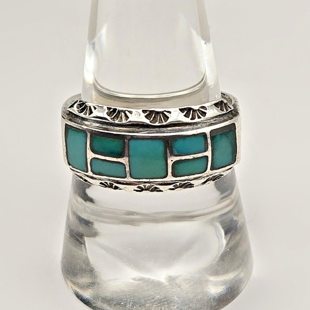 Vintage Sterling Turquoise Inlay Ring Size 8.75 – Signed W Southwestern Ring